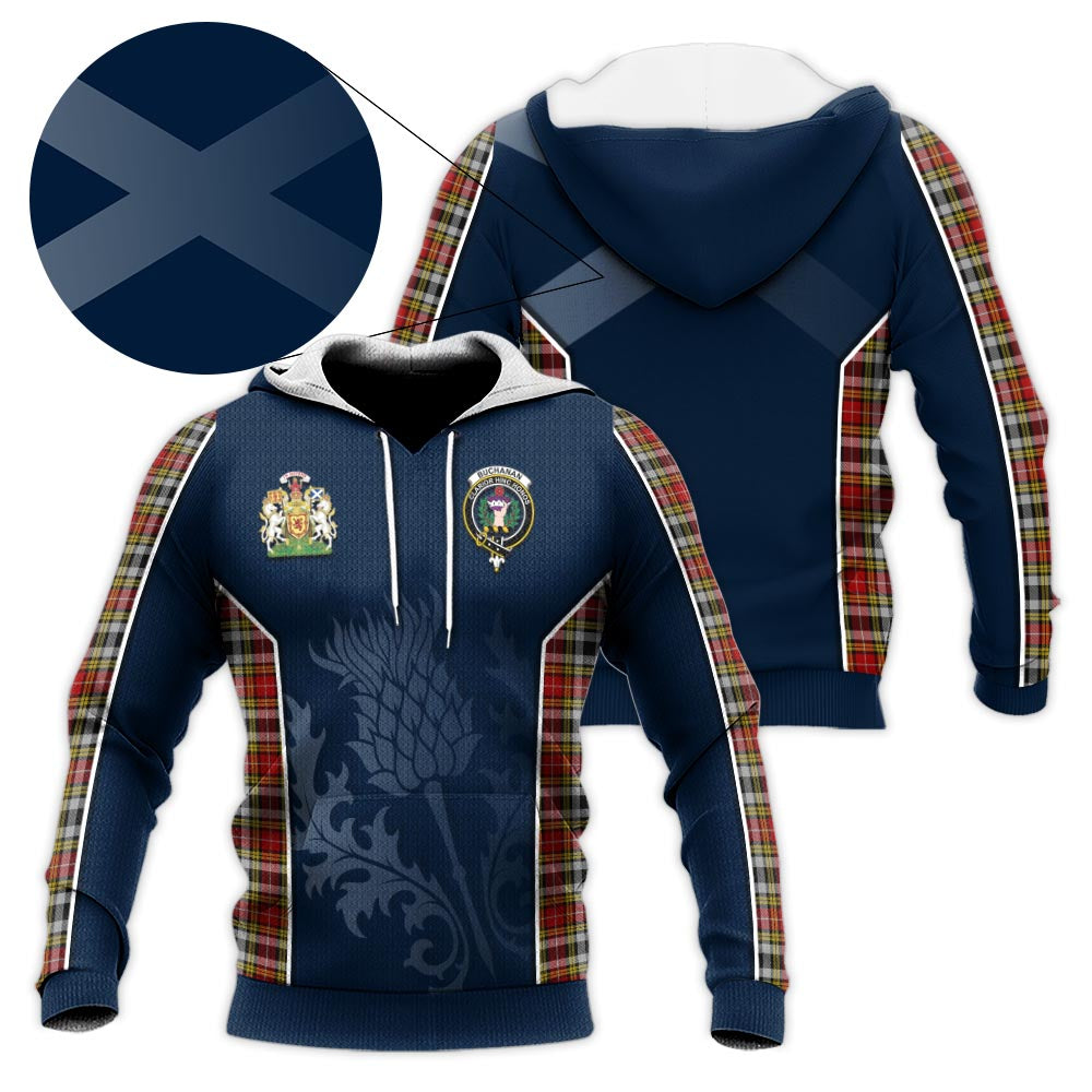 Tartan Vibes Clothing Buchanan Old Dress Tartan Knitted Hoodie with Family Crest and Scottish Thistle Vibes Sport Style