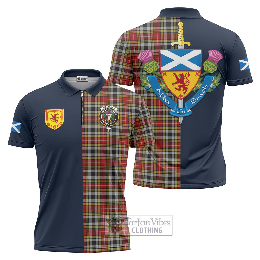 Tartan Vibes Clothing Buchanan Old Dress Tartan Zipper Polo Shirt with Scottish Lion Royal Arm Half Style