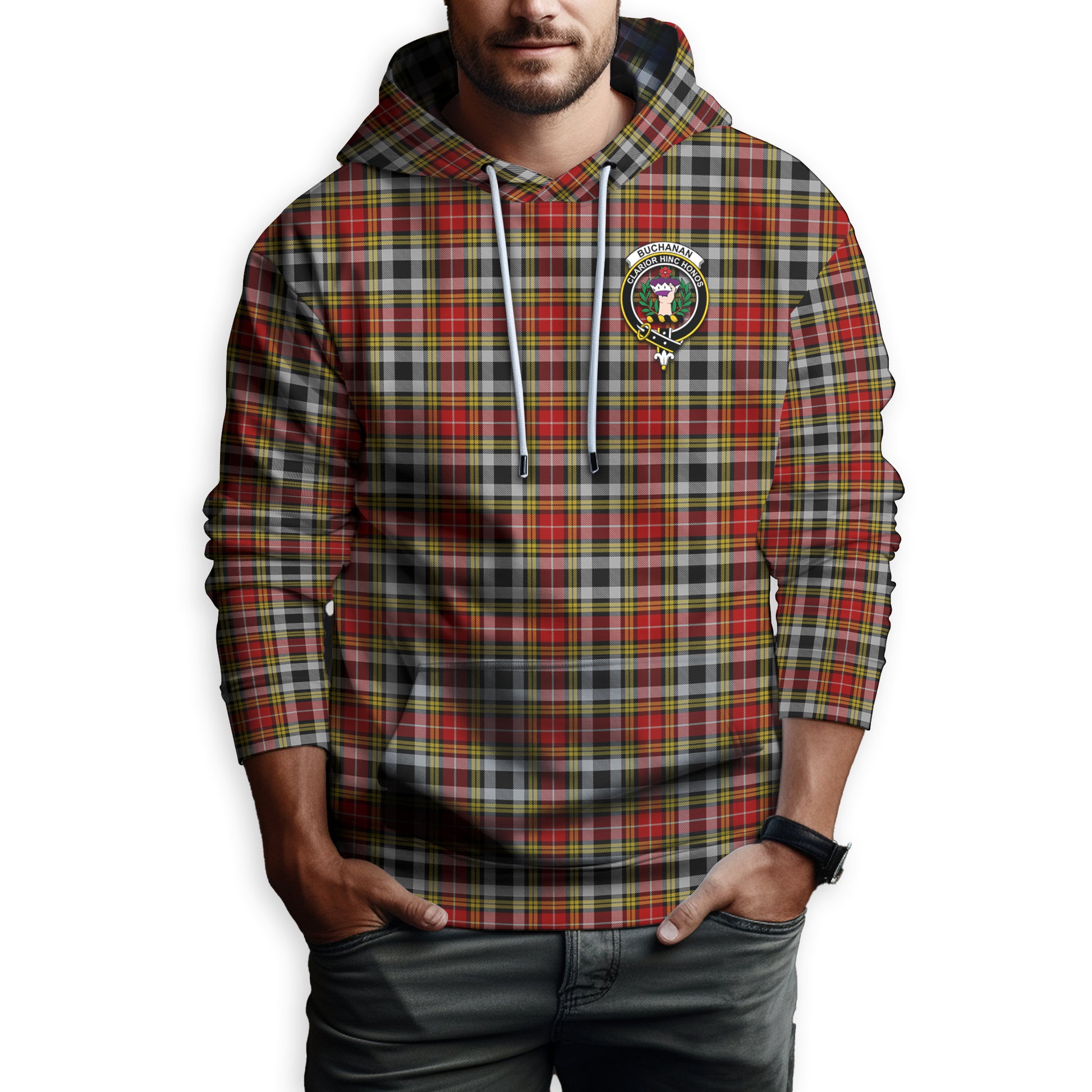 Buchanan Old Dress Tartan Hoodie with Family Crest - Tartanvibesclothing