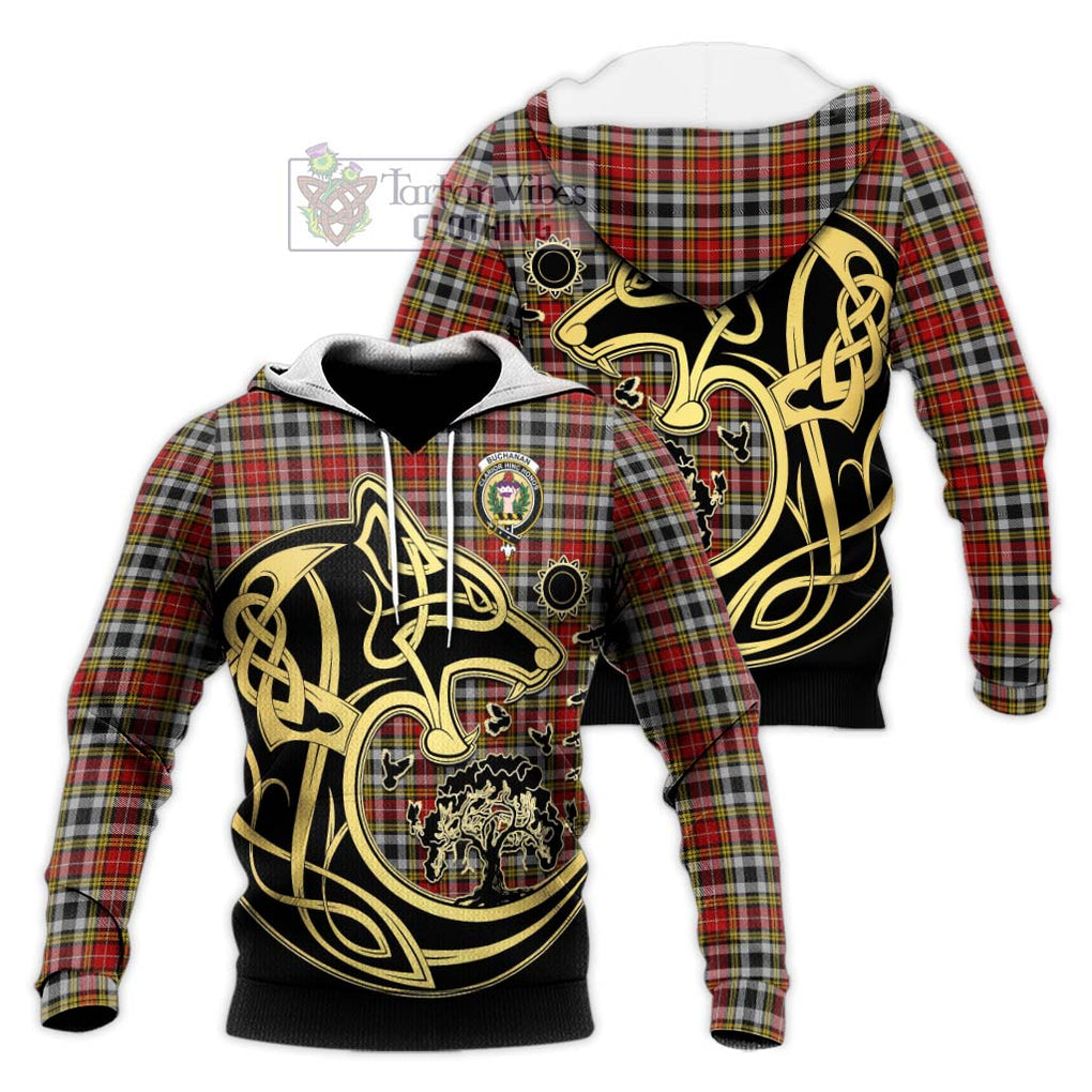 Buchanan Old Dress Tartan Knitted Hoodie with Family Crest Celtic Wolf Style Unisex Knitted Pullover Hoodie - Tartan Vibes Clothing