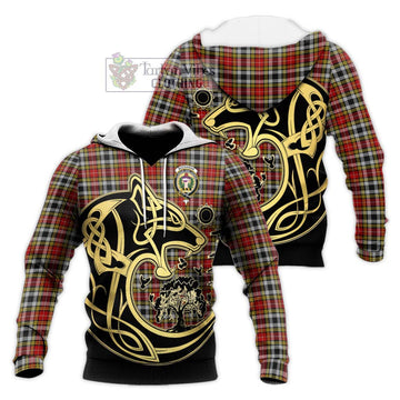 Buchanan Old Dress Tartan Knitted Hoodie with Family Crest Celtic Wolf Style