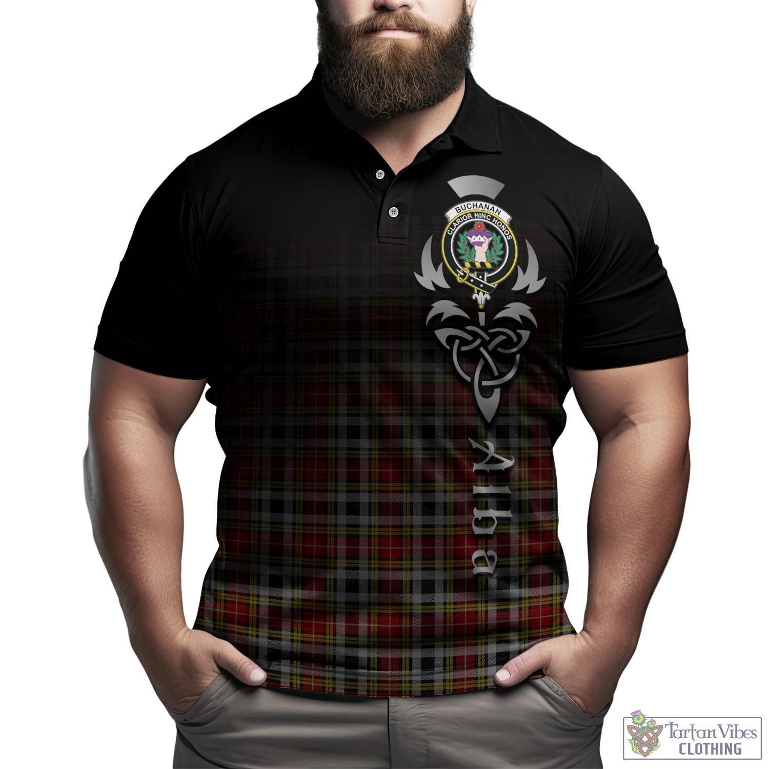 Tartan Vibes Clothing Buchanan Old Dress Tartan Polo Shirt Featuring Alba Gu Brath Family Crest Celtic Inspired