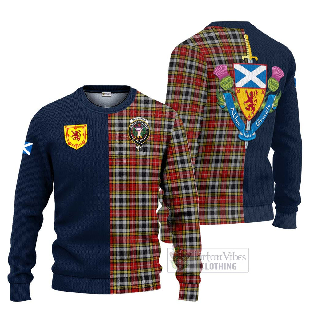 Tartan Vibes Clothing Buchanan Old Dress Tartan Knitted Sweater with Scottish Lion Royal Arm Half Style