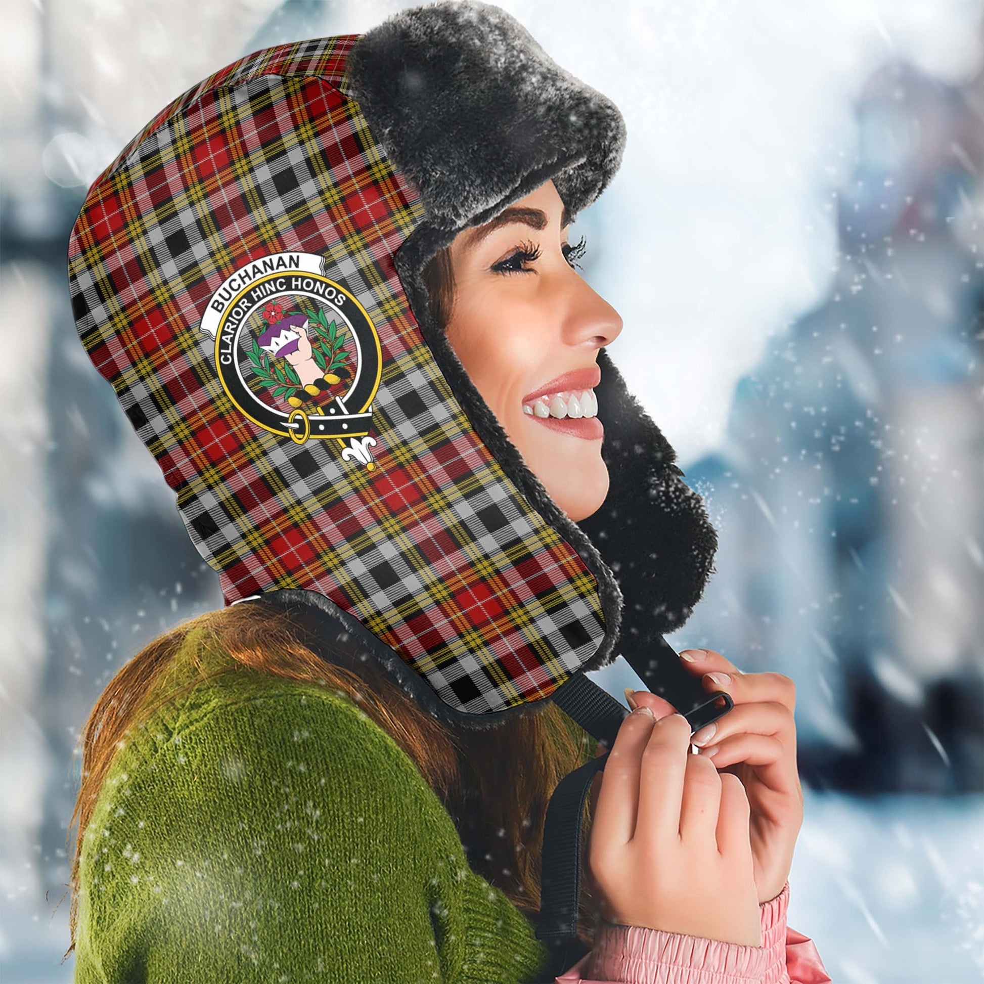 Buchanan Old Dress Tartan Winter Trapper Hat with Family Crest Winter Trapper Hat Universal Fit Circumference 22.8in (58cm) - Tartanvibesclothing