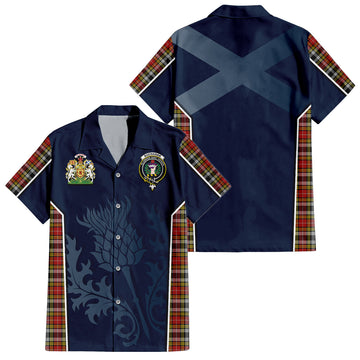 Buchanan Old Dress Tartan Short Sleeve Button Up Shirt with Family Crest and Scottish Thistle Vibes Sport Style