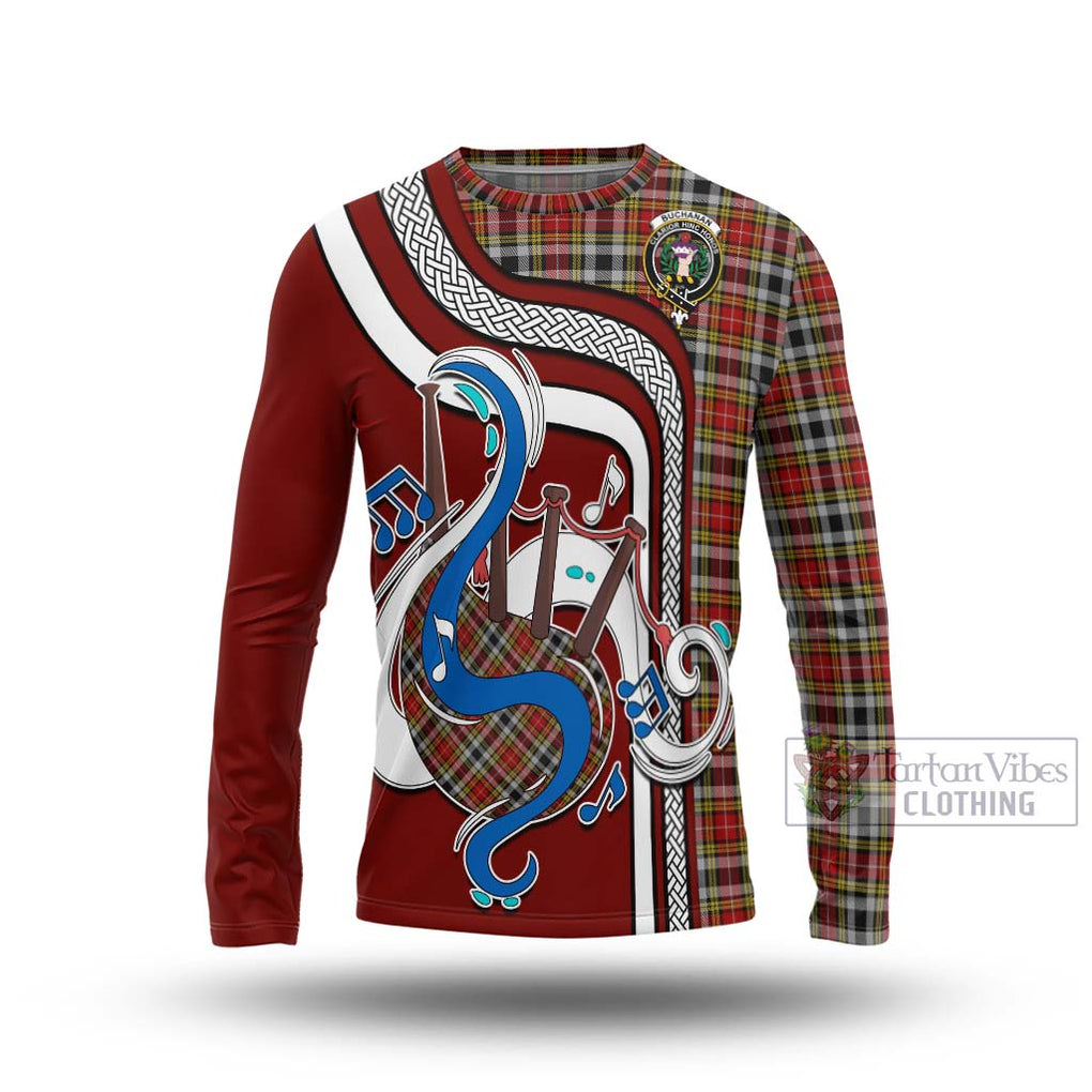 Tartan Vibes Clothing Buchanan Old Dress Tartan Long Sleeve T-Shirt with Epic Bagpipe Style