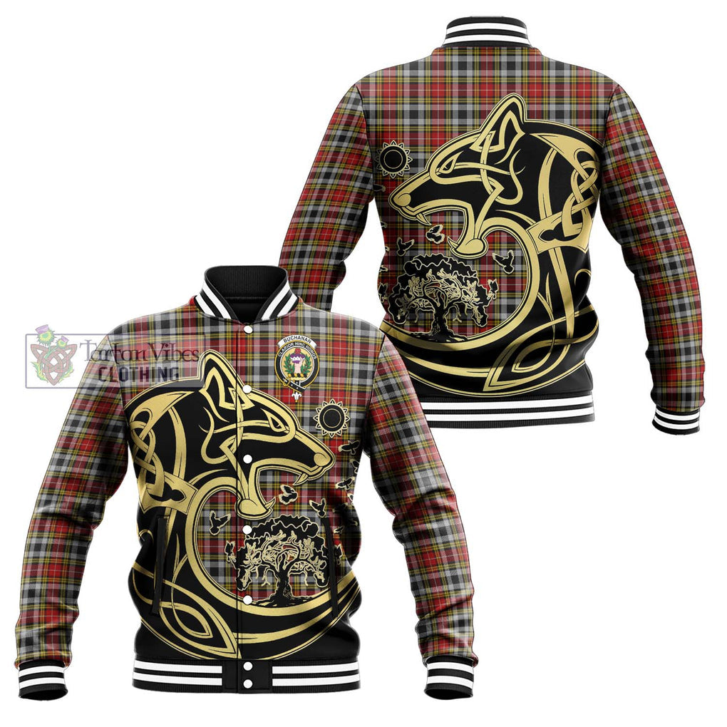 Buchanan Old Dress Tartan Baseball Jacket with Family Crest Celtic Wolf Style Unisex - Tartan Vibes Clothing