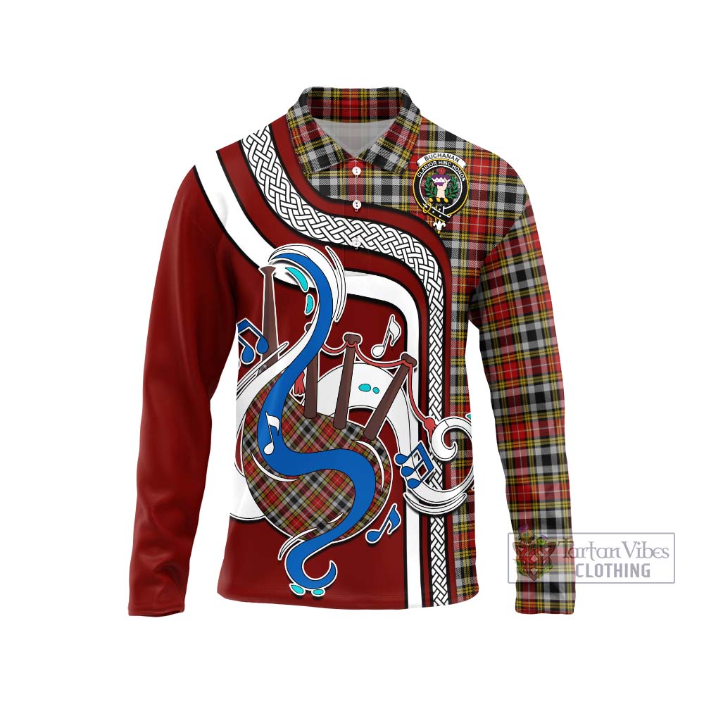 Tartan Vibes Clothing Buchanan Old Dress Tartan Long Sleeve Polo Shirt with Epic Bagpipe Style