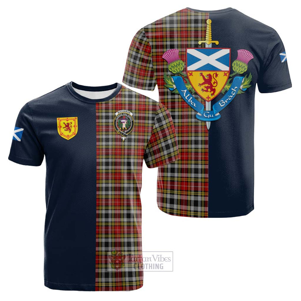 Tartan Vibes Clothing Buchanan Old Dress Tartan Cotton T-shirt with Scottish Lion Royal Arm Half Style