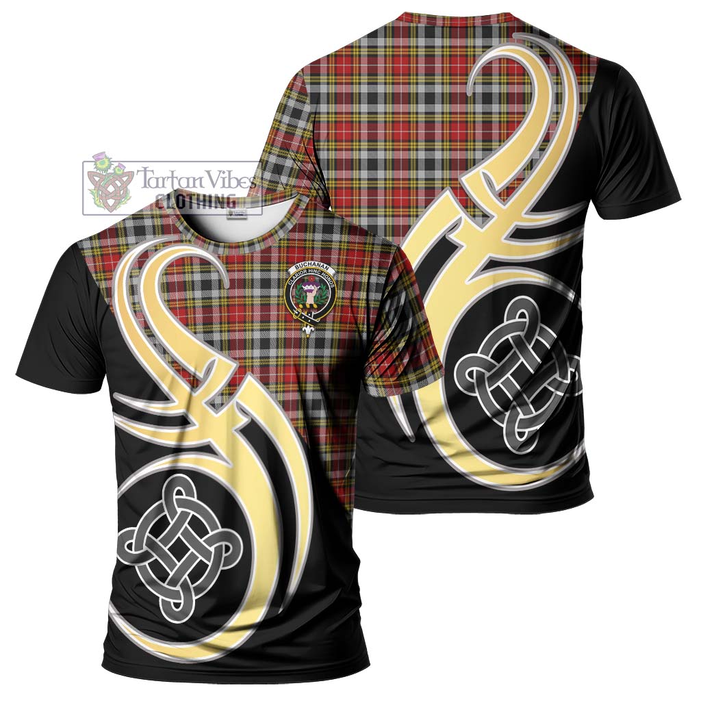 Tartan Vibes Clothing Buchanan Old Dress Tartan T-Shirt with Family Crest and Celtic Symbol Style