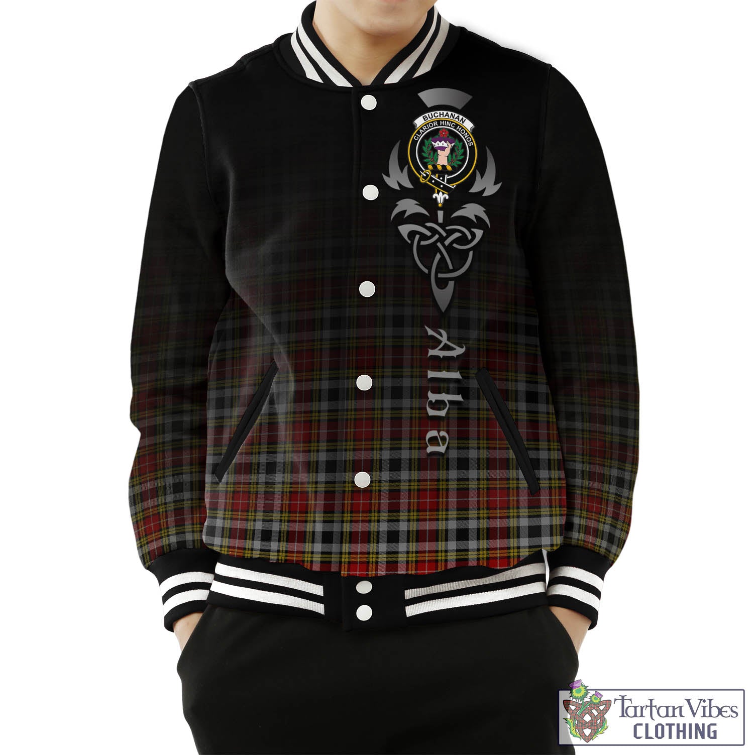 Tartan Vibes Clothing Buchanan Old Dress Tartan Baseball Jacket Featuring Alba Gu Brath Family Crest Celtic Inspired