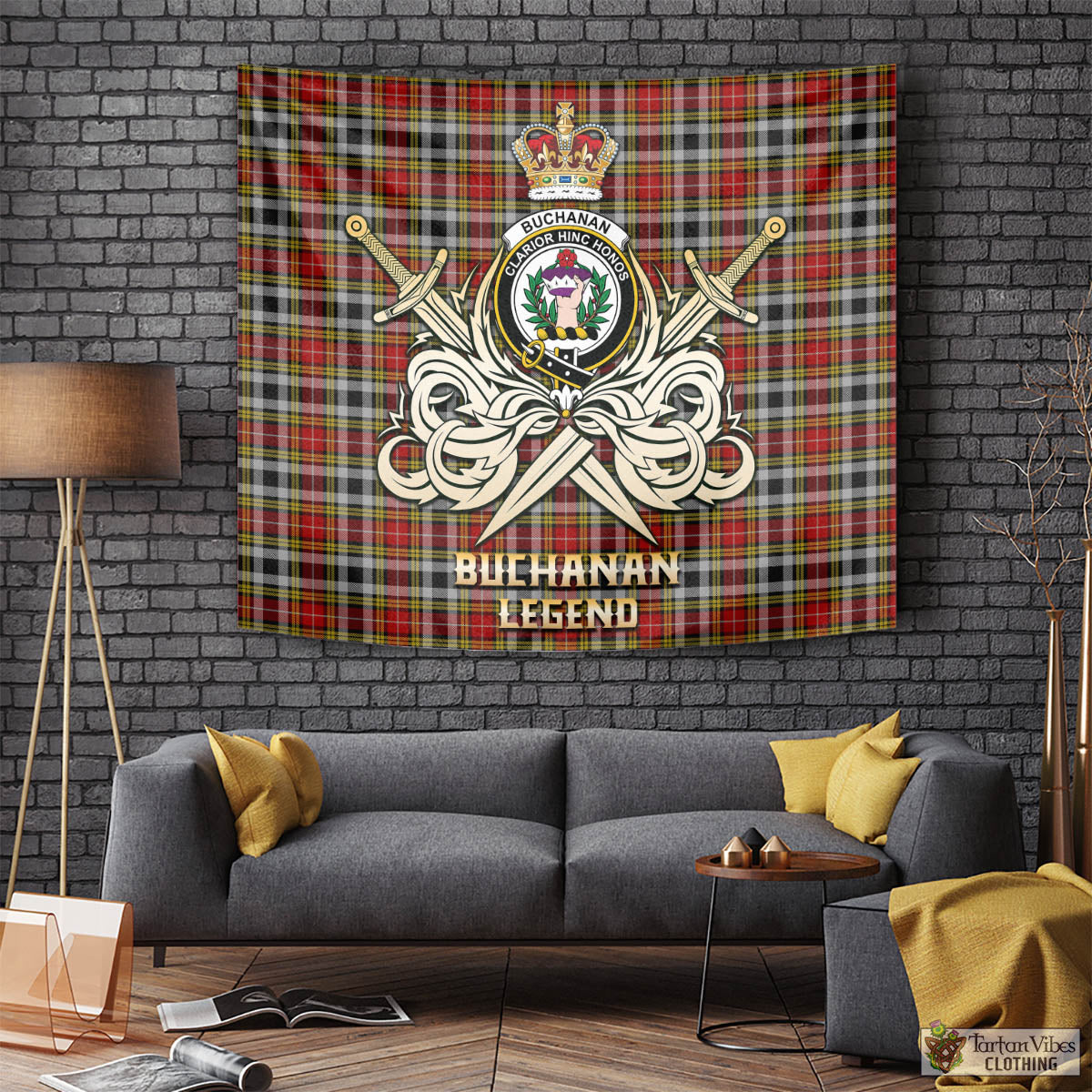 Tartan Vibes Clothing Buchanan Old Dress Tartan Tapestry with Clan Crest and the Golden Sword of Courageous Legacy