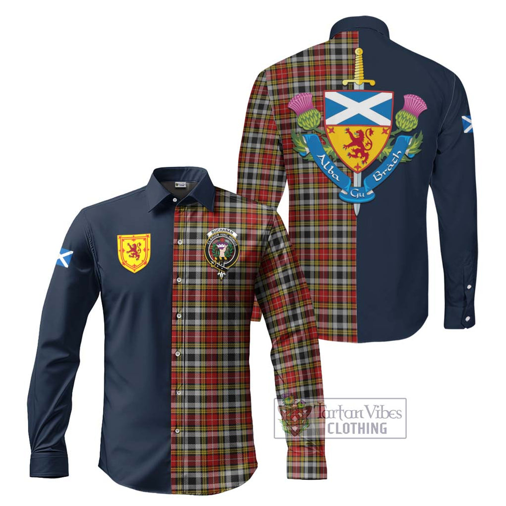 Tartan Vibes Clothing Buchanan Old Dress Tartan Long Sleeve Button Shirt with Scottish Lion Royal Arm Half Style