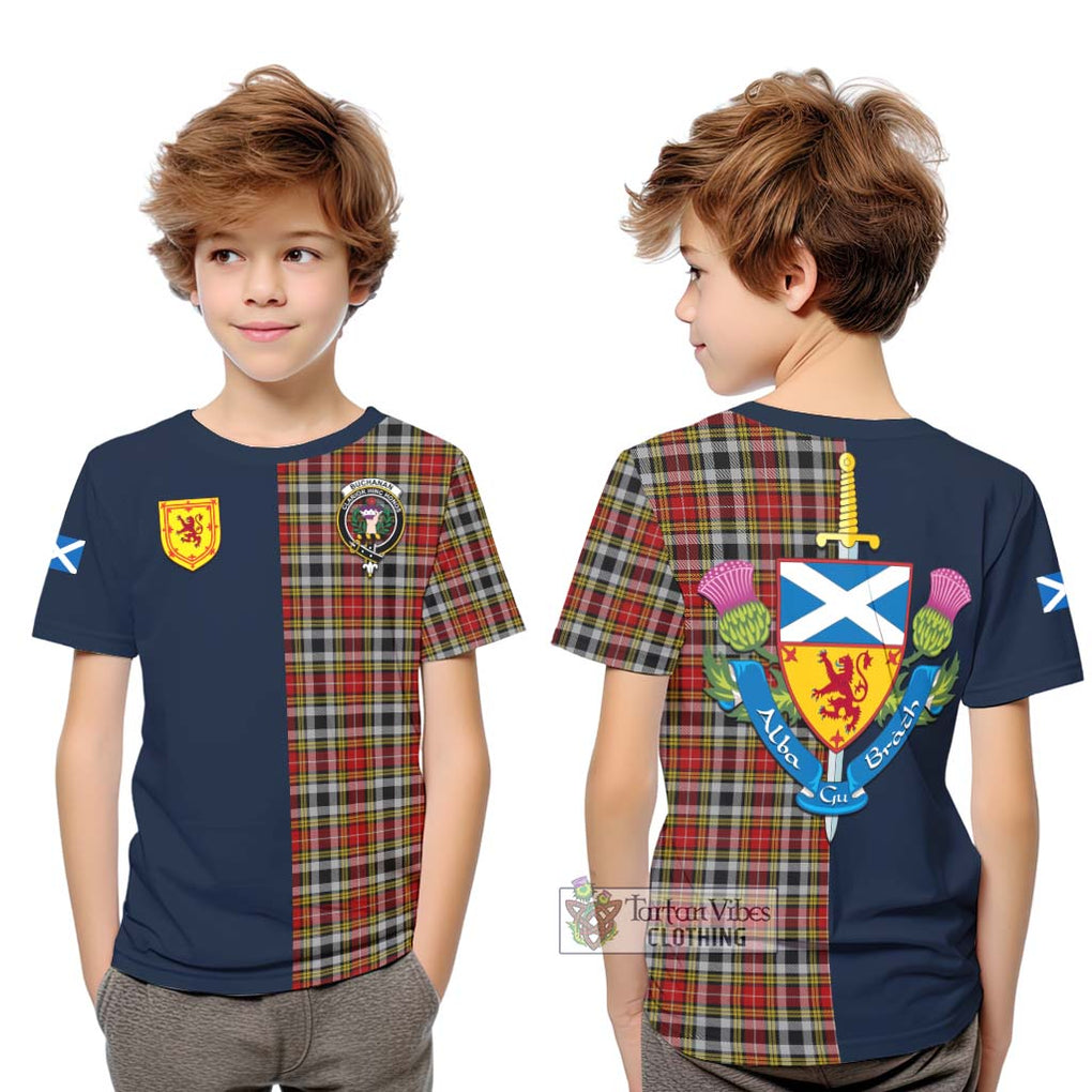 Tartan Vibes Clothing Buchanan Old Dress Tartan Kid T-Shirt with Scottish Lion Royal Arm Half Style