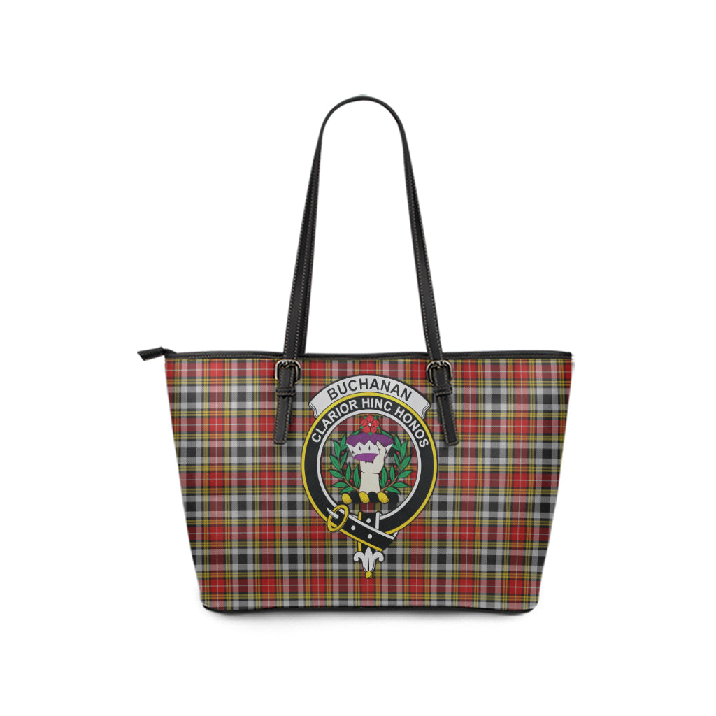 Buchanan Old Dress Tartan Leather Tote Bag with Family Crest - Tartanvibesclothing