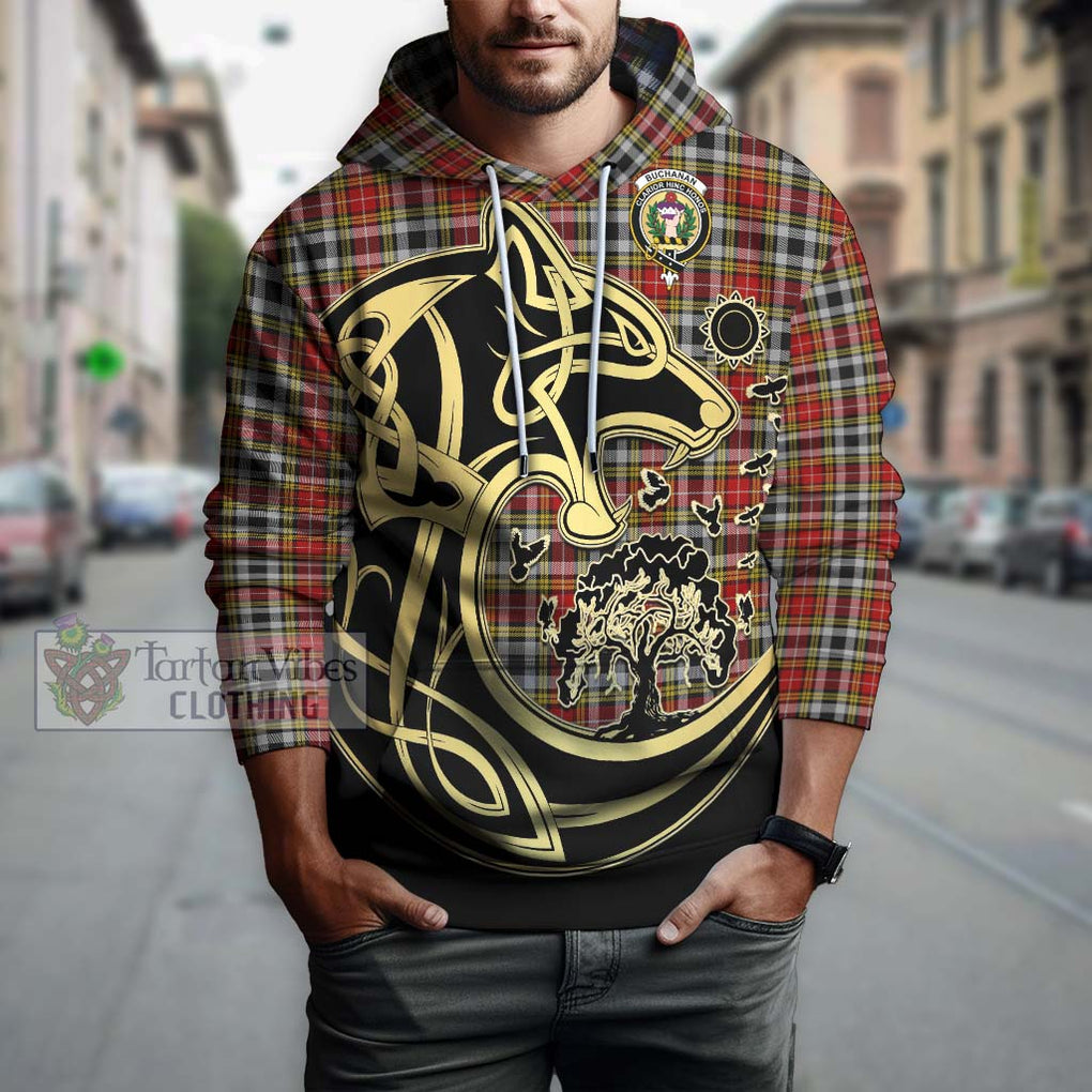 Buchanan Old Dress Tartan Hoodie with Family Crest Celtic Wolf Style Zip Hoodie - Tartan Vibes Clothing