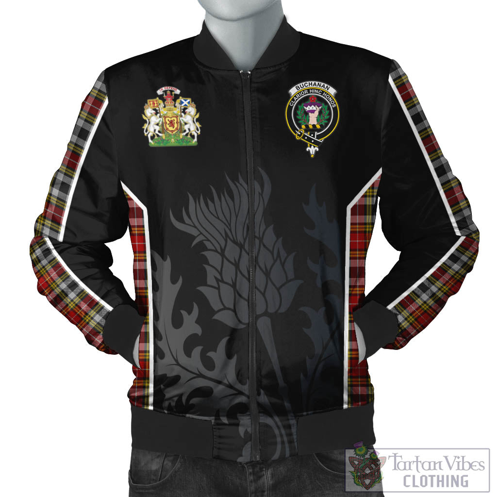 Tartan Vibes Clothing Buchanan Old Dress Tartan Bomber Jacket with Family Crest and Scottish Thistle Vibes Sport Style