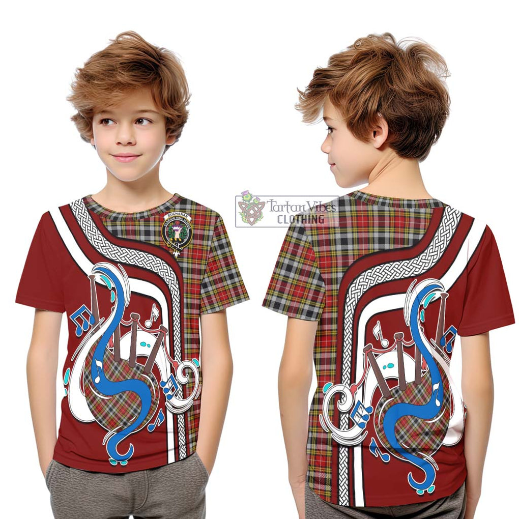 Tartan Vibes Clothing Buchanan Old Dress Tartan Kid T-Shirt with Epic Bagpipe Style