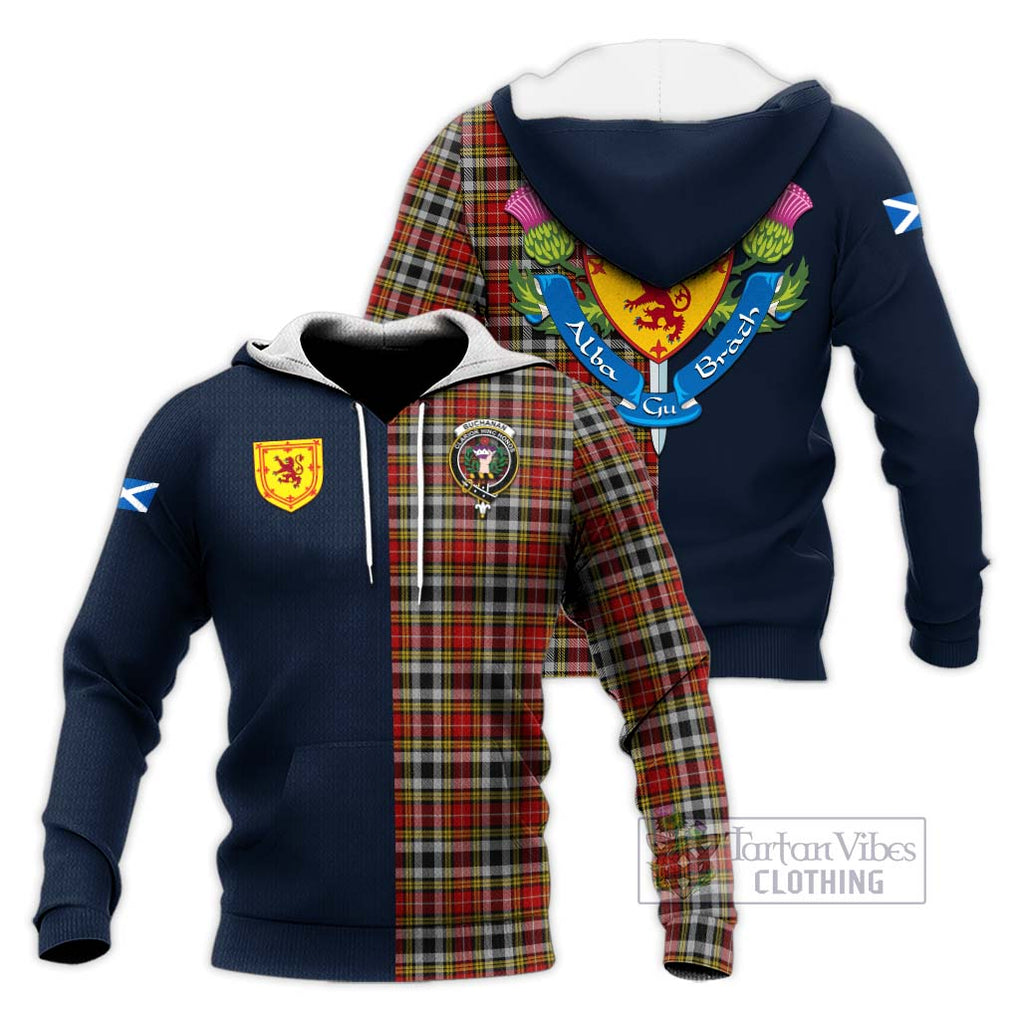 Tartan Vibes Clothing Buchanan Old Dress Tartan Knitted Hoodie with Scottish Lion Royal Arm Half Style