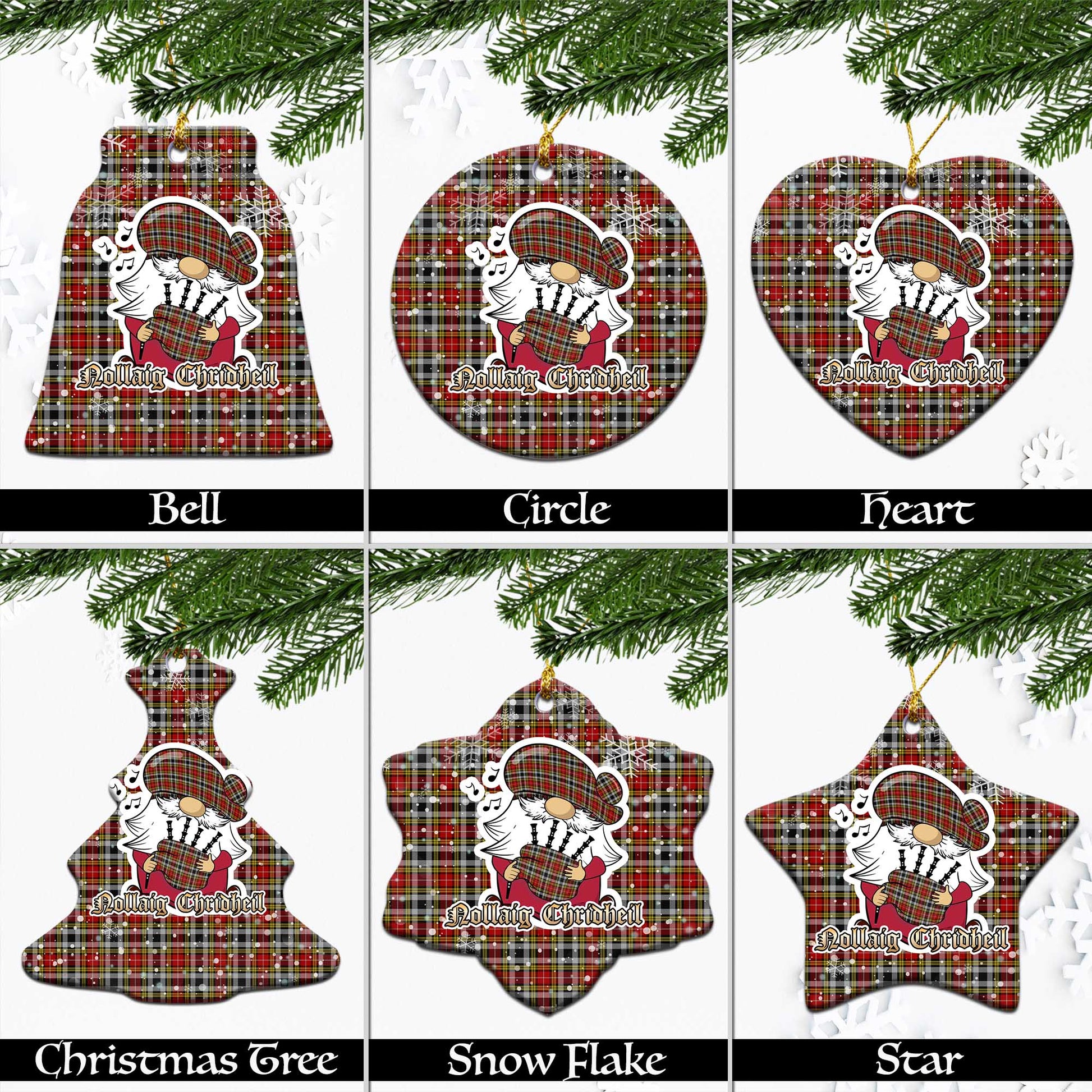 Buchanan Old Dress Tartan Christmas Ornaments with Scottish Gnome Playing Bagpipes Ceramic - Tartanvibesclothing