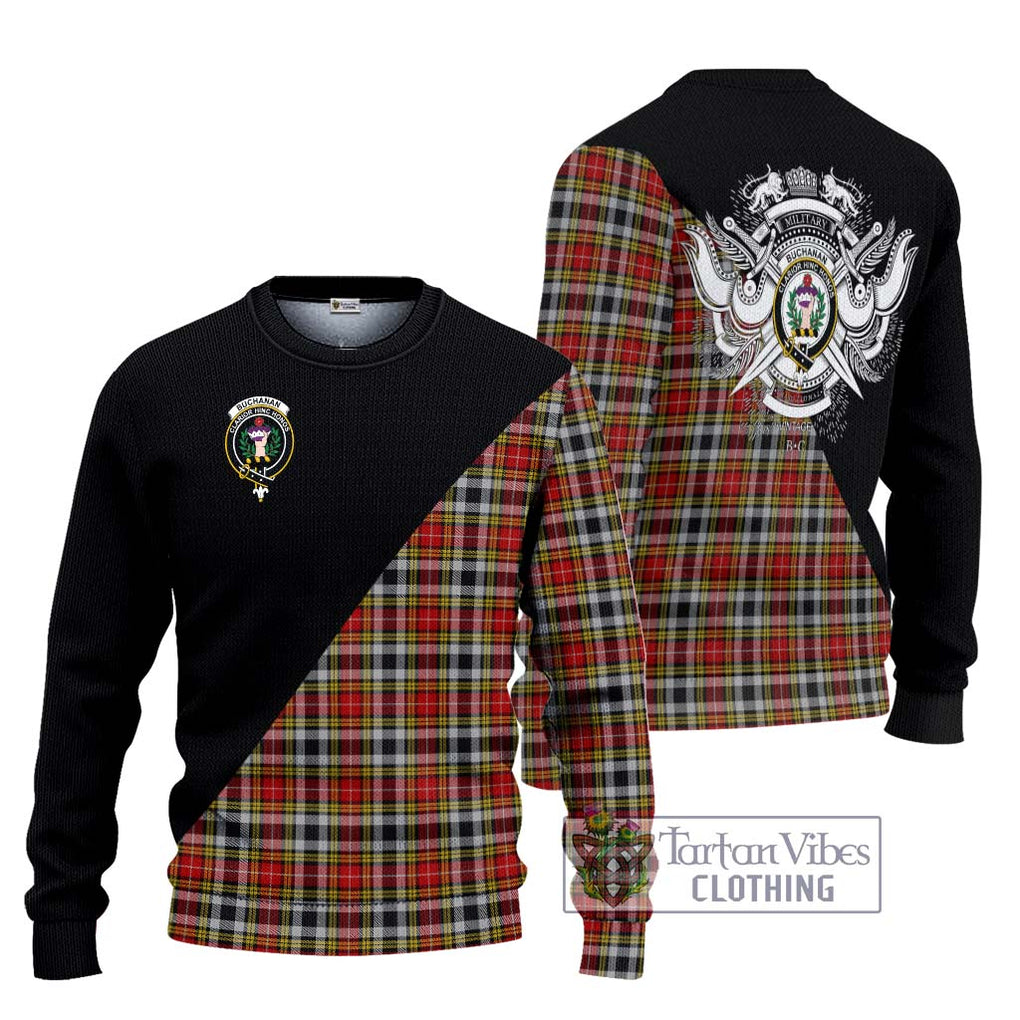 Buchanan Old Dress Tartan Knitted Sweater with Family Crest and Military Logo Style Unisex - Tartanvibesclothing Shop