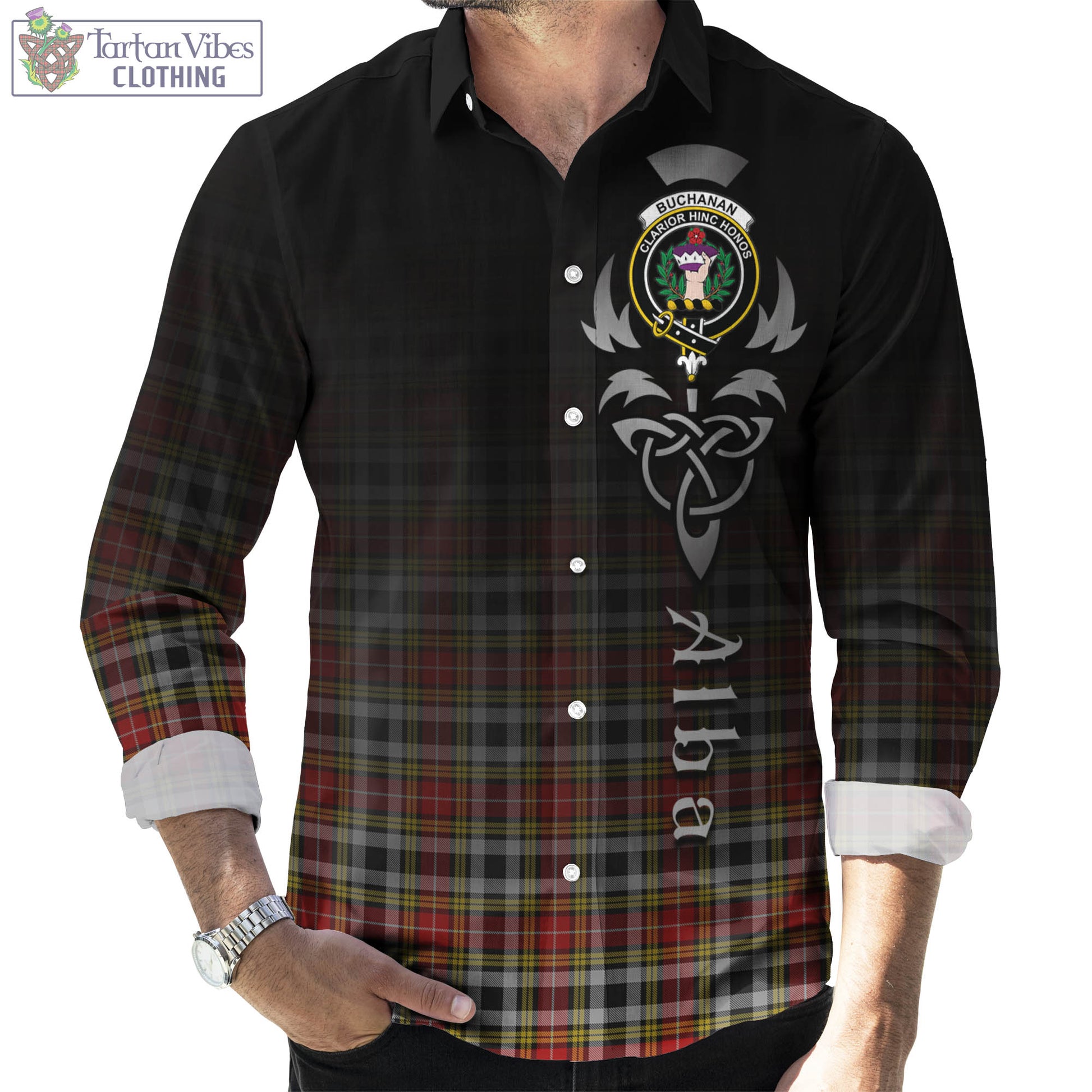 Tartan Vibes Clothing Buchanan Old Dress Tartan Long Sleeve Button Up Featuring Alba Gu Brath Family Crest Celtic Inspired