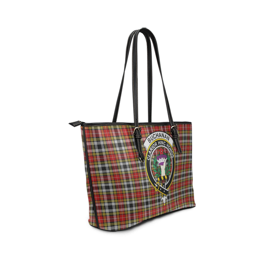 Buchanan Old Dress Tartan Leather Tote Bag with Family Crest - Tartanvibesclothing