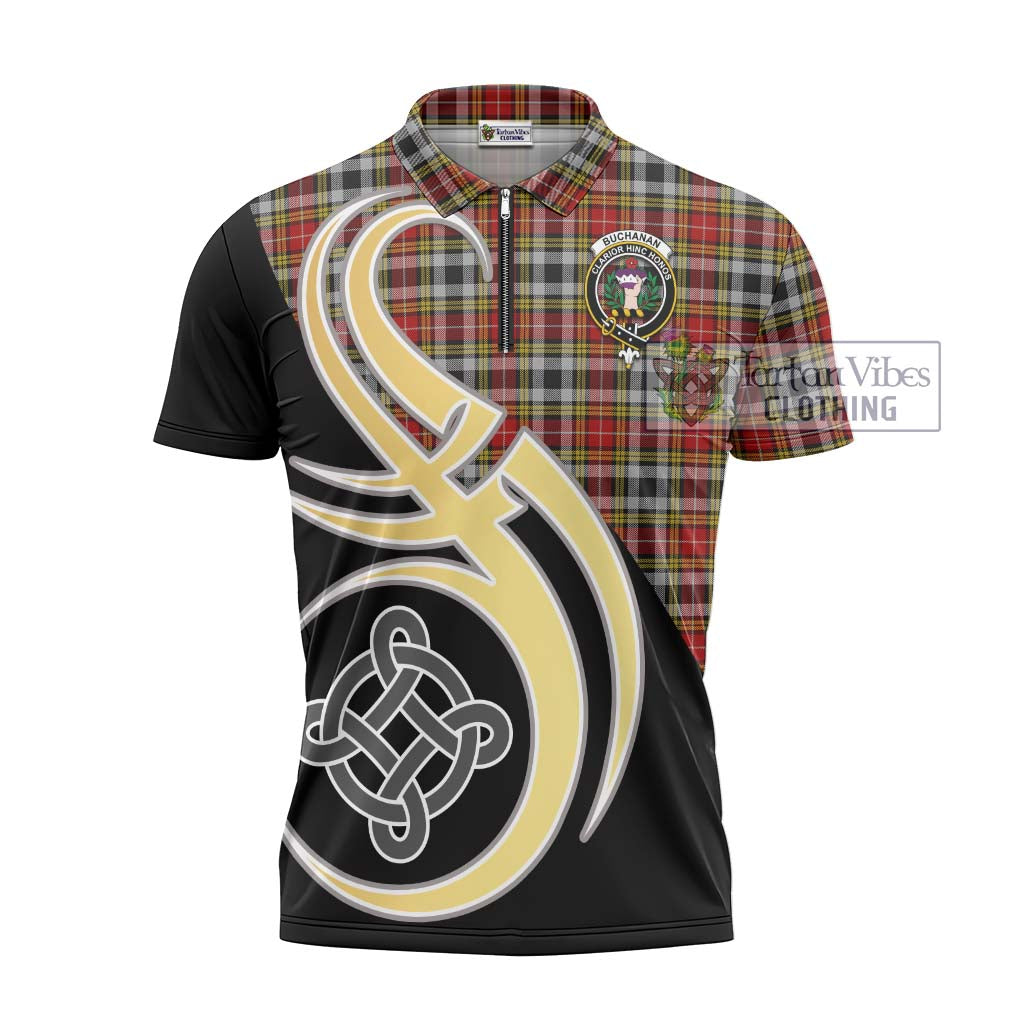 Tartan Vibes Clothing Buchanan Old Dress Tartan Zipper Polo Shirt with Family Crest and Celtic Symbol Style