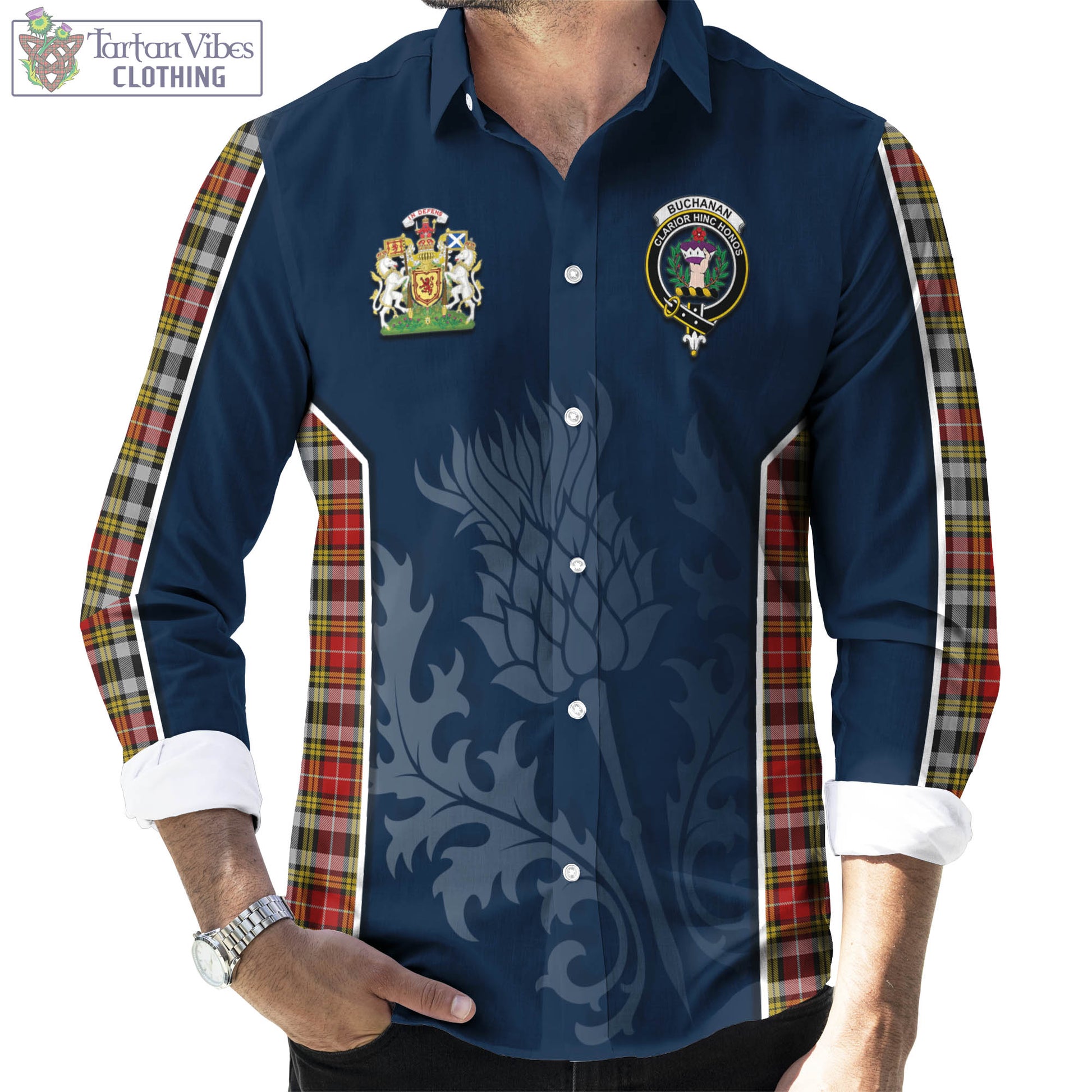 Tartan Vibes Clothing Buchanan Old Dress Tartan Long Sleeve Button Up Shirt with Family Crest and Scottish Thistle Vibes Sport Style