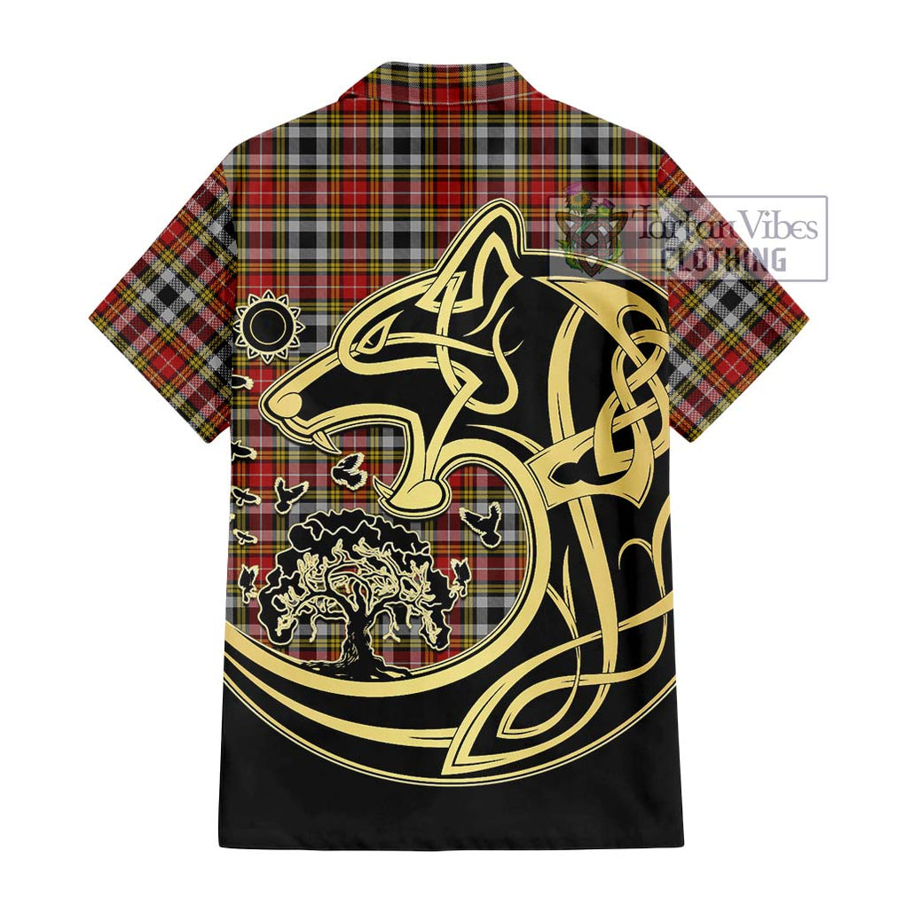 Buchanan Old Dress Tartan Short Sleeve Button Shirt with Family Crest Celtic Wolf Style - Tartan Vibes Clothing