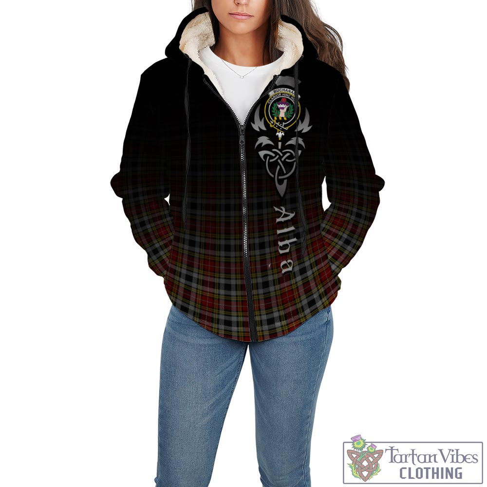 Tartan Vibes Clothing Buchanan Old Dress Tartan Sherpa Hoodie Featuring Alba Gu Brath Family Crest Celtic Inspired