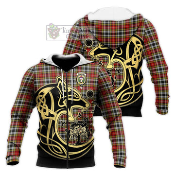 Buchanan Old Dress Tartan Knitted Hoodie with Family Crest Celtic Wolf Style