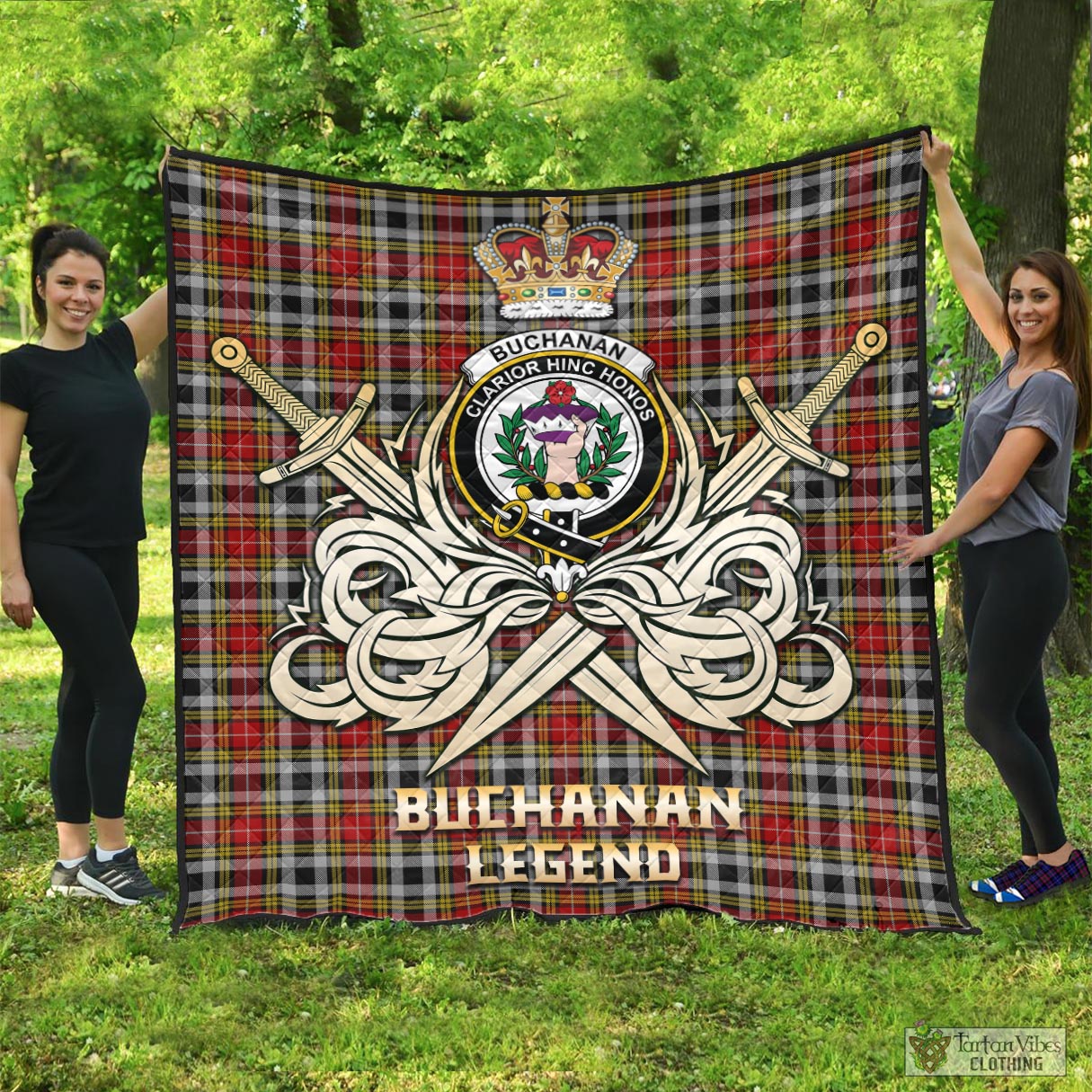 Tartan Vibes Clothing Buchanan Old Dress Tartan Quilt with Clan Crest and the Golden Sword of Courageous Legacy