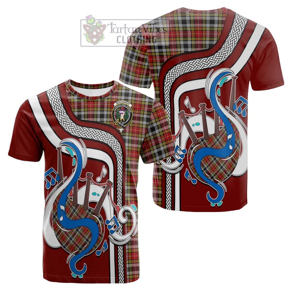 Tartan Vibes Clothing Buchanan Old Dress Tartan Cotton T-shirt with Epic Bagpipe Style