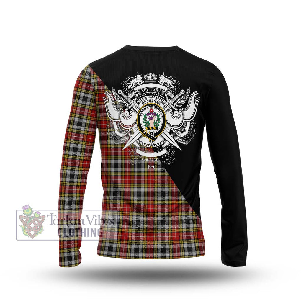 Buchanan Old Dress Tartan Long Sleeve T-Shirt with Family Crest and Military Logo Style - Tartanvibesclothing Shop