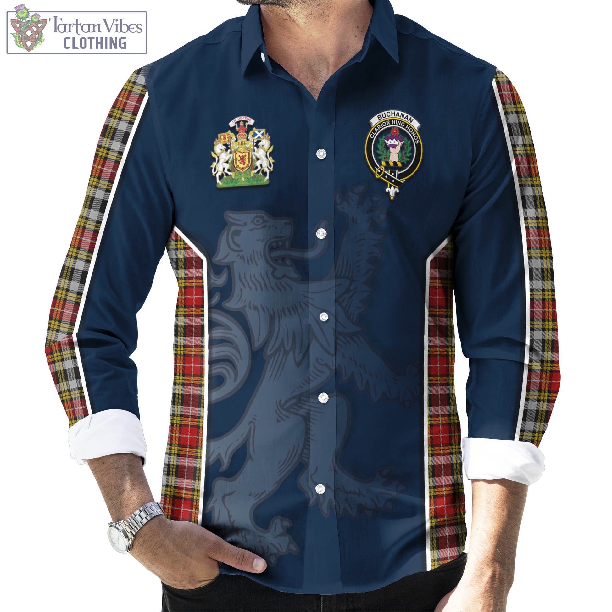 Tartan Vibes Clothing Buchanan Old Dress Tartan Long Sleeve Button Up Shirt with Family Crest and Lion Rampant Vibes Sport Style