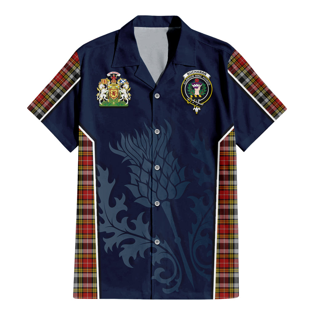 Tartan Vibes Clothing Buchanan Old Dress Tartan Short Sleeve Button Up Shirt with Family Crest and Scottish Thistle Vibes Sport Style