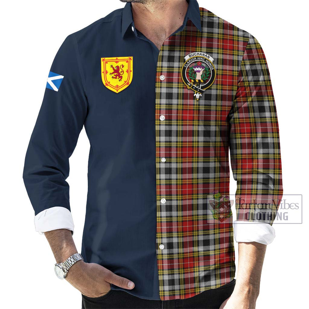 Tartan Vibes Clothing Buchanan Old Dress Tartan Long Sleeve Button Shirt with Scottish Lion Royal Arm Half Style