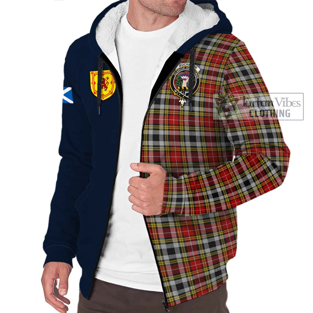 Tartan Vibes Clothing Buchanan Old Dress Tartan Sherpa Hoodie with Scottish Lion Royal Arm Half Style