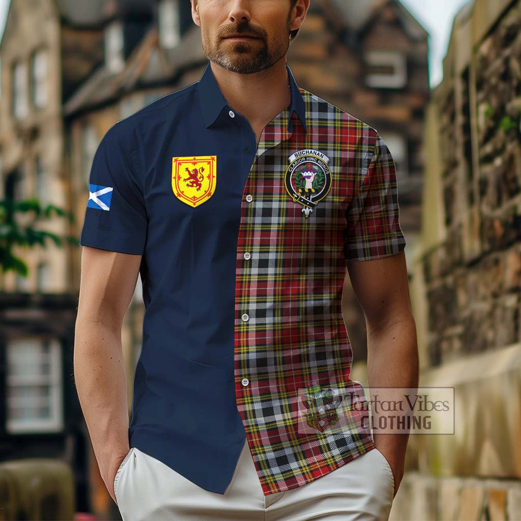 Tartan Vibes Clothing Buchanan Old Dress Tartan Short Sleeve Button Shirt with Scottish Lion Royal Arm Half Style