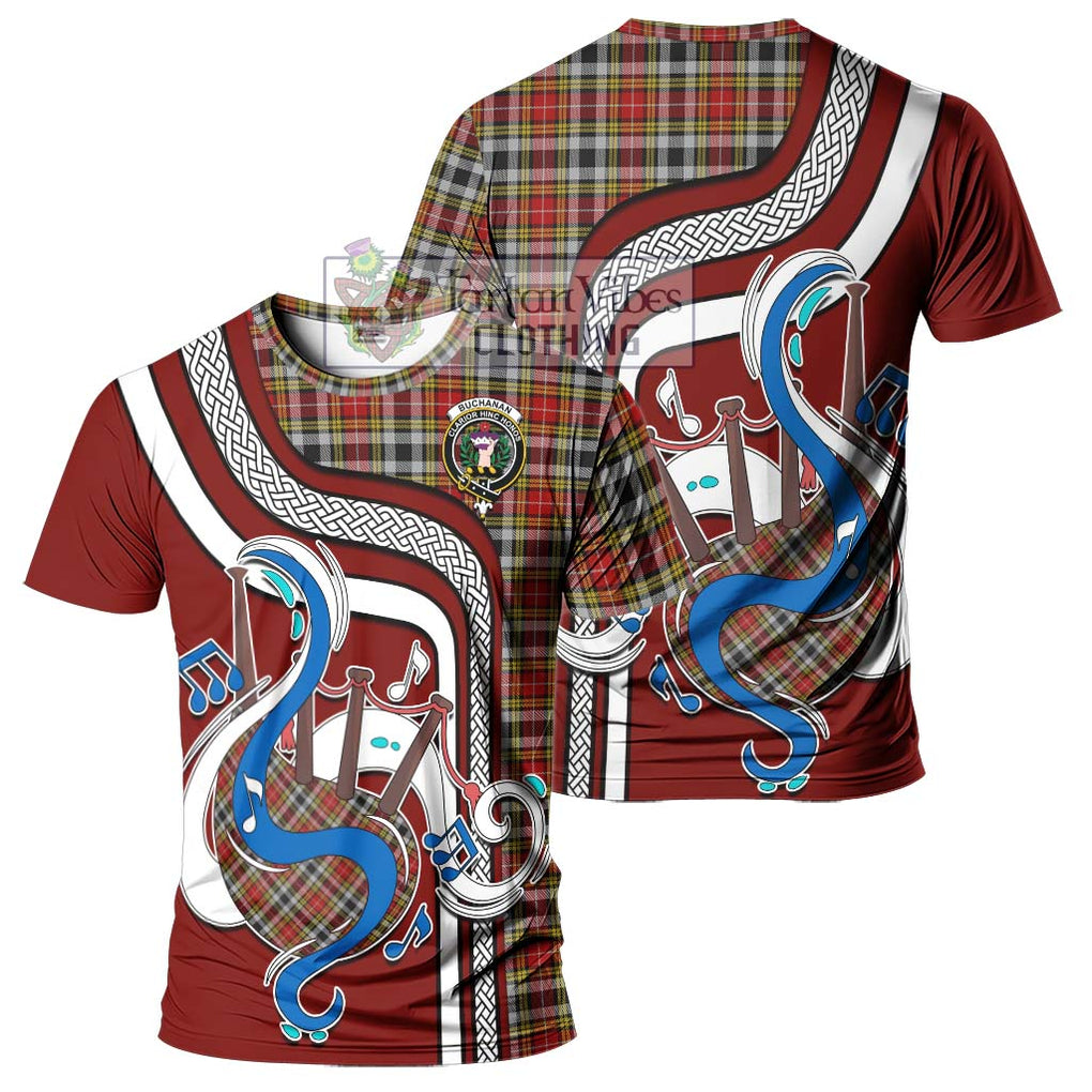 Buchanan Old Dress Tartan T-Shirt with Epic Bagpipe Style - Tartanvibesclothing Shop