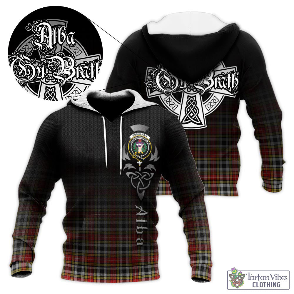 Tartan Vibes Clothing Buchanan Old Dress Tartan Knitted Hoodie Featuring Alba Gu Brath Family Crest Celtic Inspired