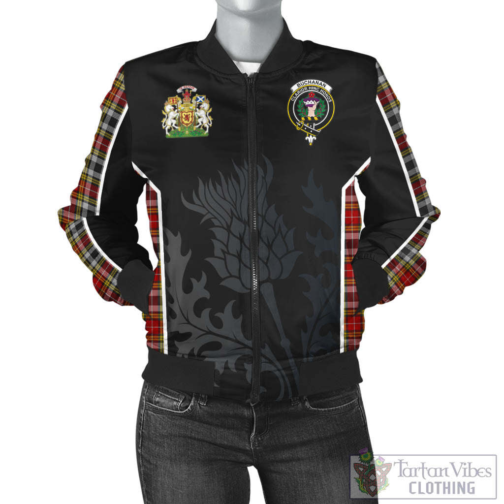 Tartan Vibes Clothing Buchanan Old Dress Tartan Bomber Jacket with Family Crest and Scottish Thistle Vibes Sport Style