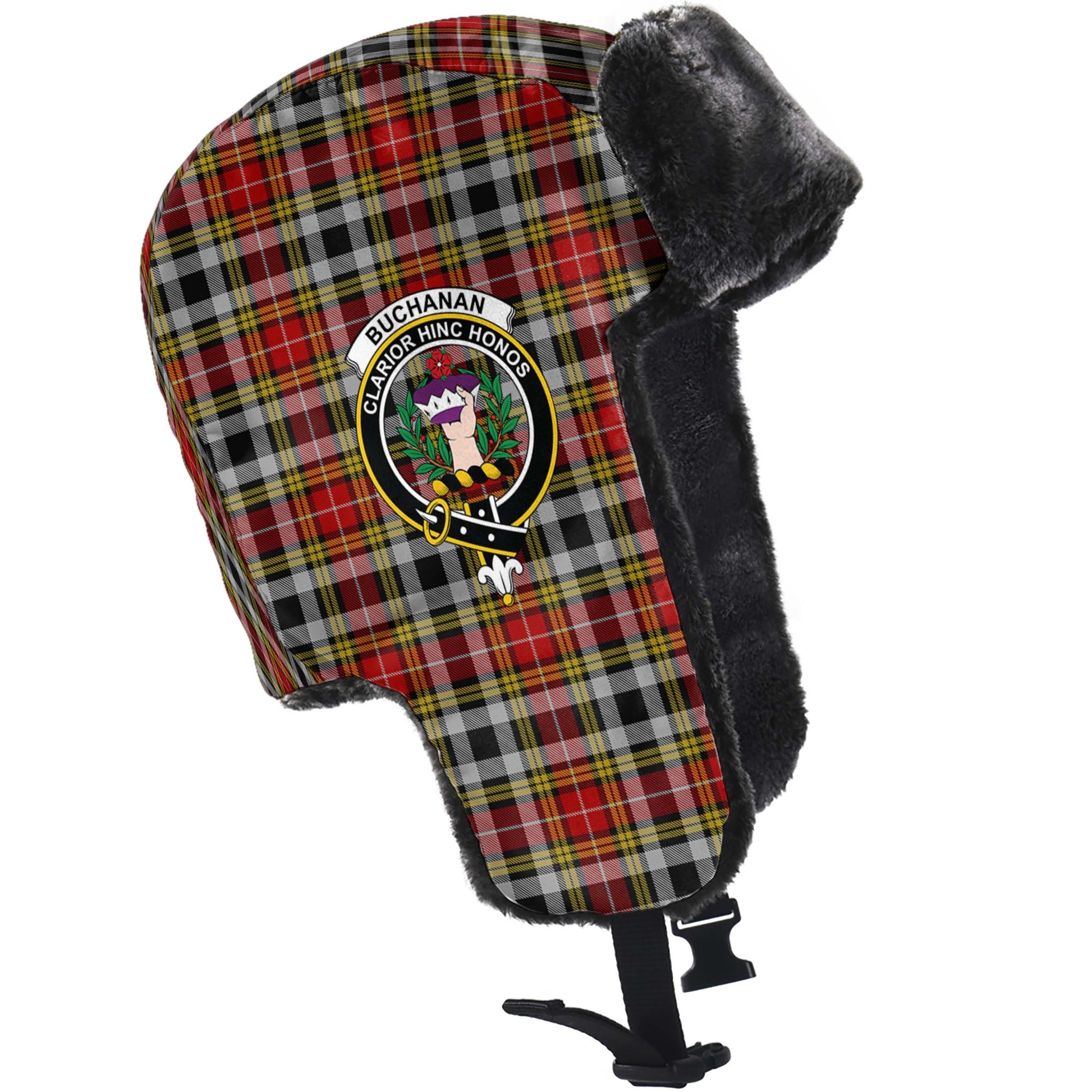 Buchanan Old Dress Tartan Winter Trapper Hat with Family Crest - Tartanvibesclothing