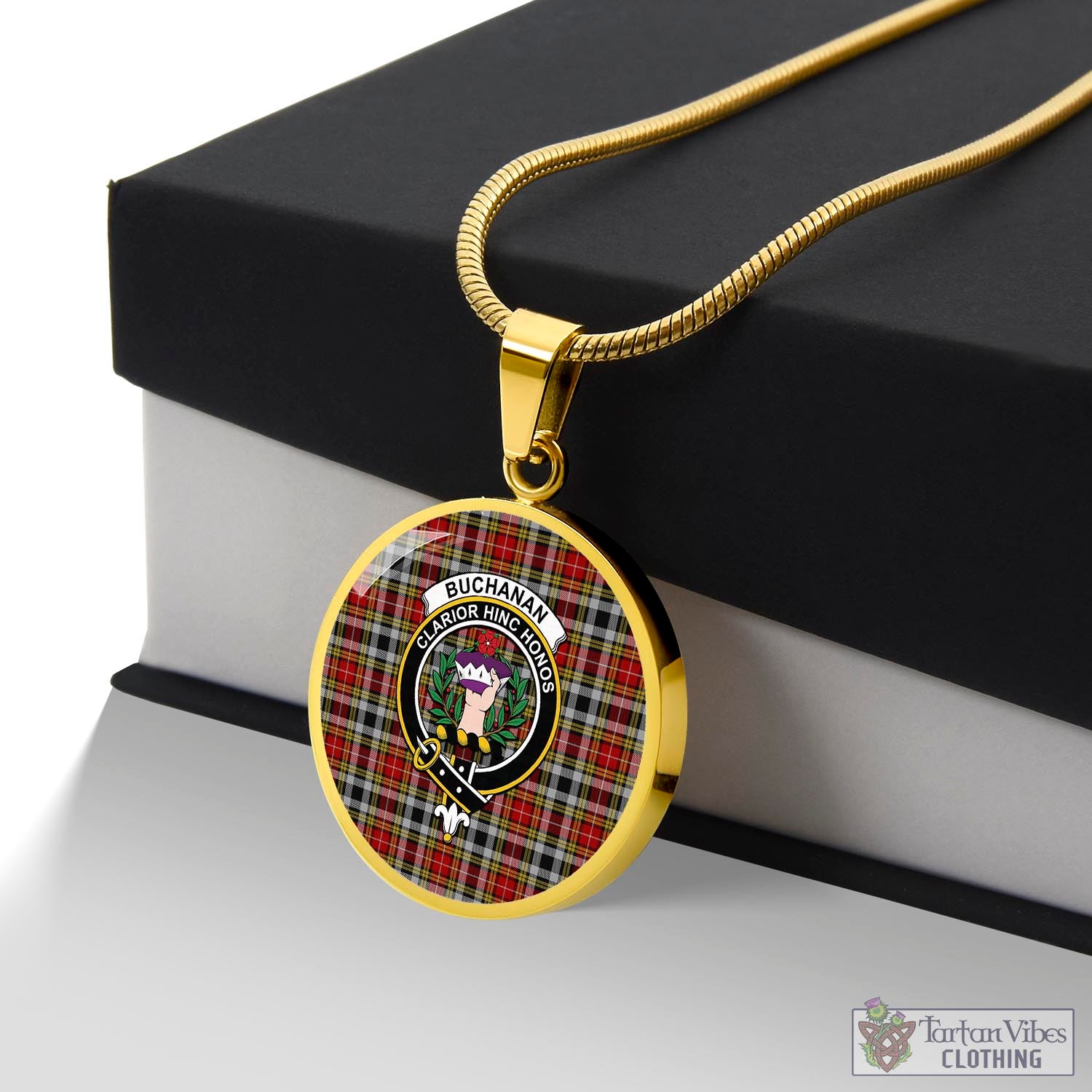 Tartan Vibes Clothing Buchanan Old Dress Tartan Circle Necklace with Family Crest