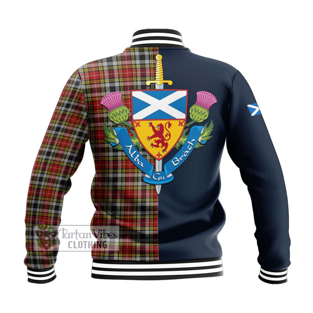 Tartan Vibes Clothing Buchanan Old Dress Tartan Baseball Jacket with Scottish Lion Royal Arm Half Style