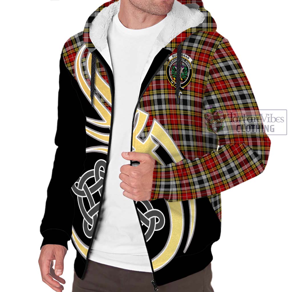 Buchanan Old Dress Tartan Sherpa Hoodie with Family Crest and Celtic Symbol Style - Tartan Vibes Clothing