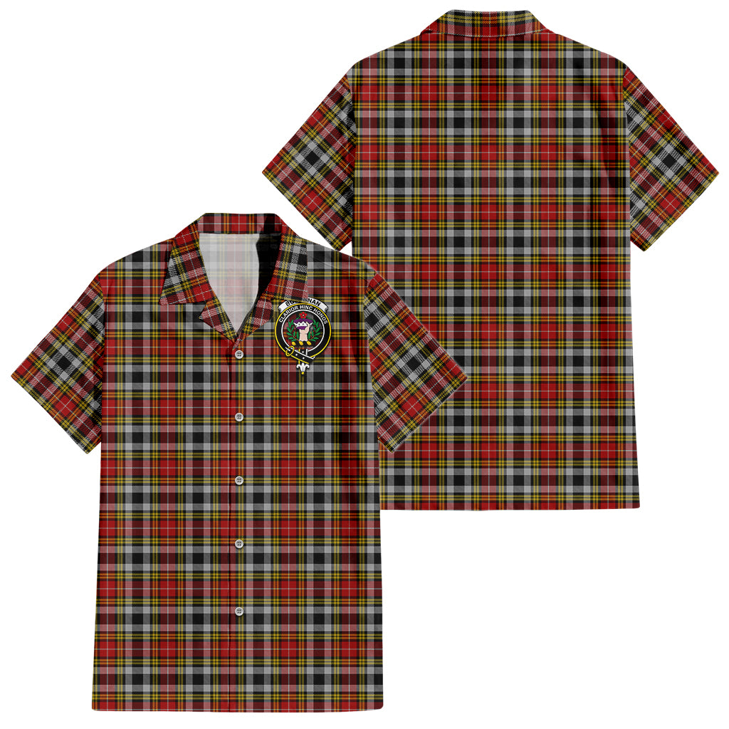 Buchanan Old Dress Tartan Short Sleeve Button Down Shirt with Family Crest - Tartanvibesclothing