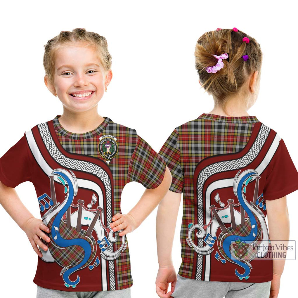 Tartan Vibes Clothing Buchanan Old Dress Tartan Kid T-Shirt with Epic Bagpipe Style