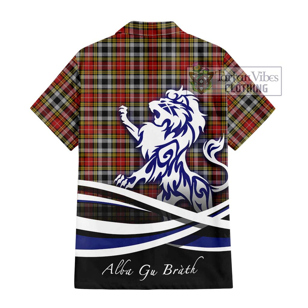 Buchanan Old Dress Tartan Short Sleeve Button Shirt with Alba Gu Brath Regal Lion Emblem - Tartanvibesclothing Shop